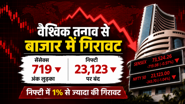 वैश्विक तनाव से शेयर बाजार में बड़ी गिरावट, सेंसेक्स 719 अंक टूटा, निफ्टी 23,123 पर बंद